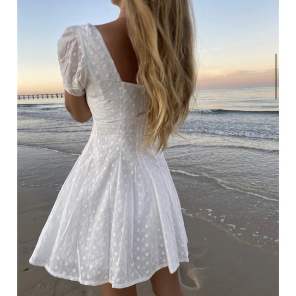 V Neck Crochet Eyelet LaceUp Boho Mini Dress White - Picture 3 of 11